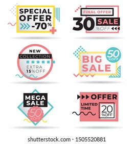 Set of modern abstract vector banners. Discount offer price label, symbol for advertising campaign in retail, sale promo marketing, ad offer on shopping. Template ready for use in web or print design