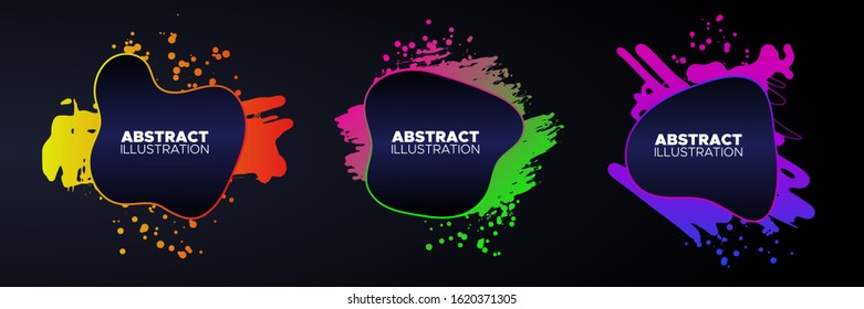 Set of modern abstract vector banners. Ink style shapes of gradient colors on dark background. Template ready for use in web or print design.