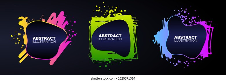 Set of modern abstract vector banners. Ink style shapes of gradient colors on dark background. Template ready for use in web or print design.