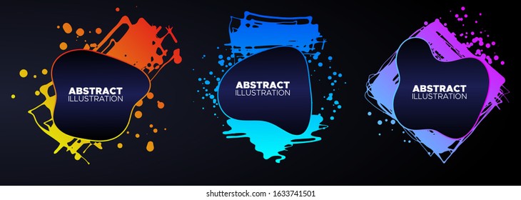 Set of modern abstract vector banners. Ink style shapes of gradient colors on dark background. Template ready for use in web or print design.