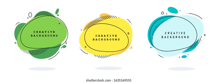 Set of modern abstract vector banners. Flat geometric shapes of different colors with black outline in memphis design style. Template ready for use in web or print design. Illustration