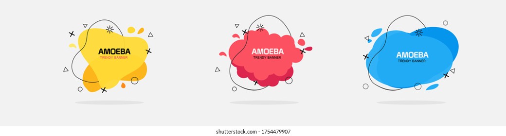 Set of modern abstract vector banners. Flat geometric shapes of different colors with black outline in memphis design style. Template ready for use in web or print design.
