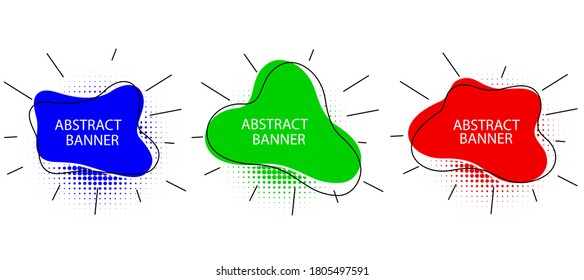 Set of modern abstract vector banners. Flat geometric shapes of different colors with black outline in memphis design style. Template ready for use in web or print design.