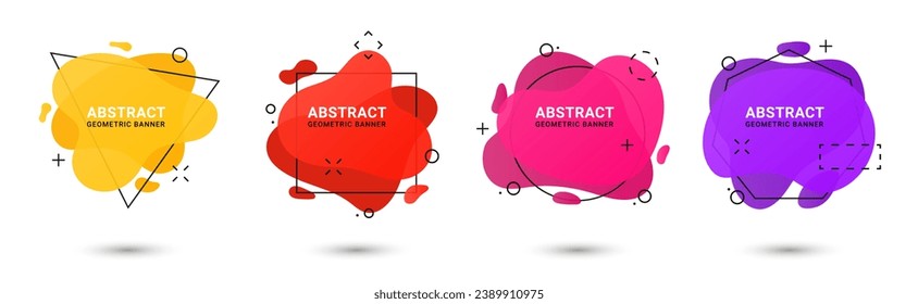 Set of modern abstract vector banners. Flat geometric, abstract shapes in different colors with black outline geometric frames. Memphis design style. Applicable for banners, web cover, poste