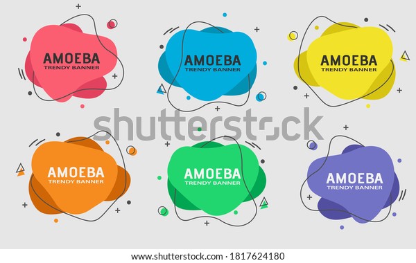 Set of modern abstract vector banners. Flat\
geometric shapes of different colors with black outline in memphis\
design style. Amoeba concept. Template ready for use in web or\
print design.