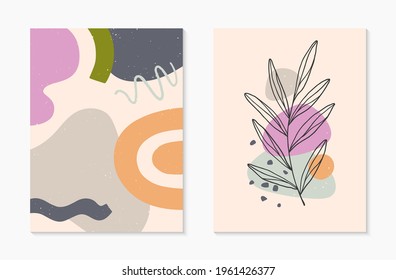 Set of modern abstract vector illustrations with organic various shapes and foliage line art.Minimalist wall art decor.Trendy artistic designs for banners;social media,invitations,covers,wallpaper.