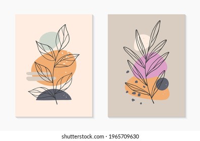 Set of modern abstract vector illustrations with organic various shapes and foliage line art.Minimalist wall art decor.Trendy artistic designs for banners;social media,invitations,covers,wallpaper.