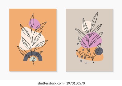 Set of modern abstract vector illustrations with organic various shapes and foliage line art.Minimalist wall art decor.Trendy artistic designs for banners;social media,invitations,covers,wallpaper.