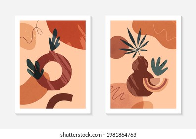 Set of modern abstract vector illustrations with vases,organic various shapes and leaves.Boho watercolor wall art decor.Trendy artistic designs perfect for banners;social media,covers,wallpaper.