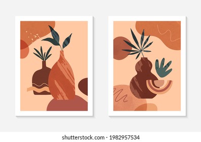 Set of modern abstract vector illustrations with vases,organic various shapes and leaves.Boho watercolor wall art decor.Trendy artistic designs perfect for banners;social media,covers,wallpaper.