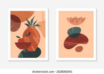Conjunto de ilustraciones vectoriales abstractas modernas con jarrones, diversas formas orgánicas y texturas.Decoración artística de acuarela de Boho.Diseños artísticos de moda para banners;medios sociales, portadas, papel pintado.