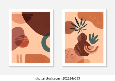 Set of modern abstract vector illustrations with vases,organic various shapes and textures.Boho watercolor wall art decor.Trendy artistic designs for banners;social media,covers,wallpaper.