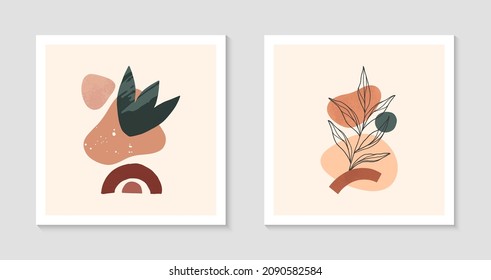 Set of modern abstract vector illustrations with organic various shapes and foliage line art.Boho watercolor wall art decor.Trendy artistic designs perfect for banners;social media,invitations,covers.
