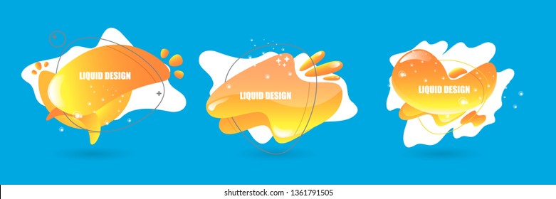 Set of modern abstract vector orange banners on blue background. Gradient abstract banners with flowing liquid shapes for logo, flyer or infographics design. Vector illustration 