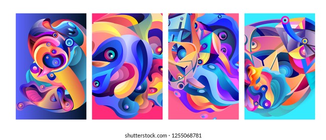 Set of modern abstract vector poster background . Gradient geometric shapes of different colors in space design style. Template ready for use in web or print design.