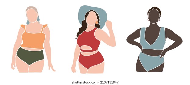 Set of modern abstract womans body figure in swimsuit. Female shape. International plus size women in underwear. Contemporary art. Silhouette of summer faceless woman. Aesthetic vector illustration