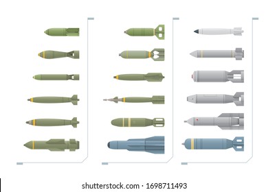 Set of modern aerial bombs is isolated on a white background. The set of bombs has different forms and colors. Vector illustration, eps 10.