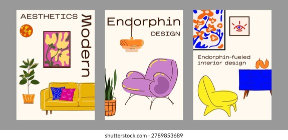 Set of modern aesthetic interior design posters с contemporary furniture, minimalist decor elements, retro influences, creative wall art, stylish home interior design concepts.Vector illustration