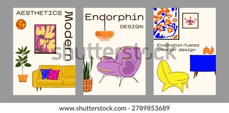 Set of modern aesthetic interior design posters с contemporary furniture, minimalist decor elements, retro influences, creative wall art, stylish home interior design concepts.Vector illustration