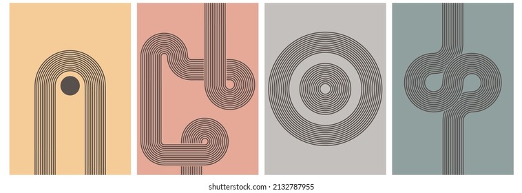 Set of modern aesthetic minimalist mid century style abstract backgrounds. Wall art prints design. Simple geometric shapes. Boho line arch, sun, moon, rainbow.