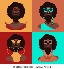 A set of modern African women in retro style and glasses. Curly-haired African-American women look at you in different glasses. Vector illustration of a strong woman. Banner in bright juicy colors.