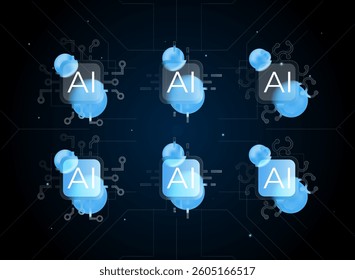 set of modern ai cpu and chip with blue sphere. modern glass morphism, trendy, futuristic gradient artificial intelligence shape vector illustration