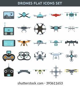 Set of modern air drones, quadrocopters and remote control drones isolated on white background. Flat cartoon vector illustration.