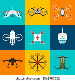 Set of modern air drones and remote control. Science and Modern technologies. Vector illustration. Radio robot or airplane with a camera in the air. Innovative systems and developments.