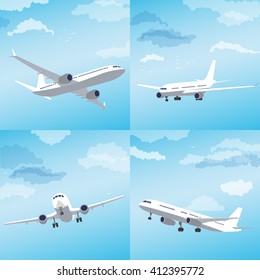 Set with modern airplane, flying through clouds in the blue sky. Vector illustration