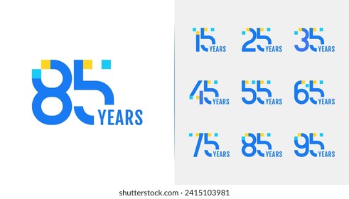Set of modern anniversary logo design. 15, 25, 35, 45, 55, 65, 75, 85, 95, birthday symbol with technology concept. Digital number collections svg