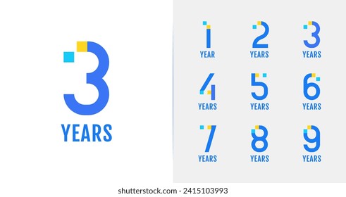 Conjunto de diseño moderno del logo del aniversario. 1, 2, 3, 4, 5, 6, 7, 8, 9, símbolo de cumpleaños con concepto de tecnología. Colecciones de números digitales