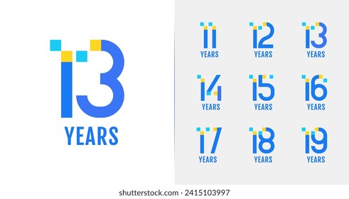 Conjunto de diseño moderno del logo del aniversario. 11, 12, 13, 14, 15, 16, 17, 18, 19, símbolo de cumpleaños con concepto de tecnología. Colecciones de números digitales