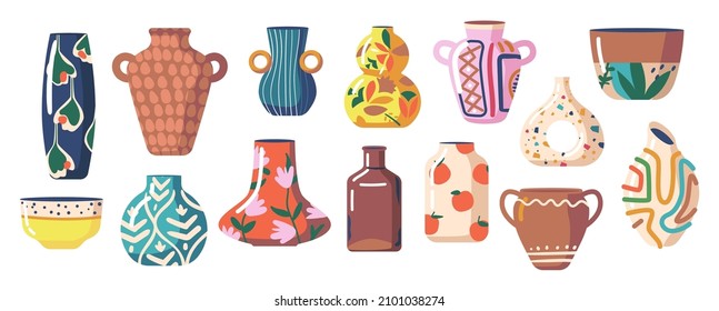 Set of Modern and Antique Ceramic Vases, Jugs, Pots. Home Decoration, Chinese Porcelain Pottery with Paintings. Oriental Decorative Elements Collection for Interior Design. Cartoon Vector Illustration