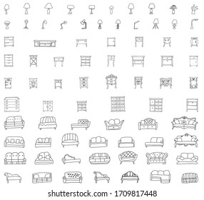 Set of modern and antique chests of drawers, tables, sofas, couches, lamps  is made in the style of a sketch. Doodles isolated on a white background. Vector drawn collection of furniture.