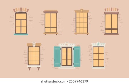 Set of modern and antique windows with part of wall with brickwork. Old town window frame. City architecture exterior, facade front view collection. Hand drawing vector illustration