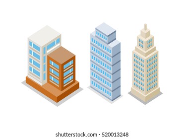 Set of modern apartment buildings. Architecture apartment icon, building residential, business multistory building, office building. Isolated object on white background. Vector illustration.