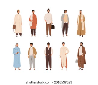 Set of modern Arabic men in Arab fashion clothes. Islamic people wearing traditional and stylish casual outfits. Muslim male characters. Colored flat vector illustration isolated on white background