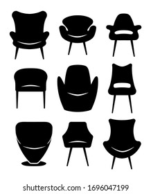 A set of modern armchairs. Black silhouette icon design. Vector design. Front view chair black icon on white background. 