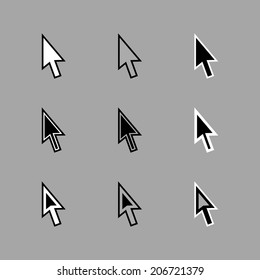 Set of modern arrow cursors / mouse pointers, isolated on light gray background. Different colors and contours. Vector Illustration, EPS 8.