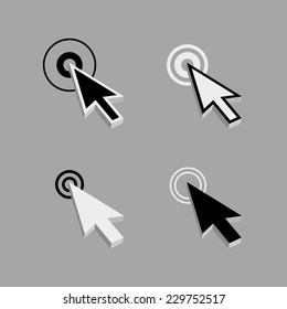Set of modern arrow cursors / mouse pointers, isolated on light gray background. Variety colors and contours. Vector Illustration, EPS 8.