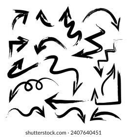 Set of modern arrows, icons, direction signs. Black brush strokes on a white background. Abstract texture hand painted