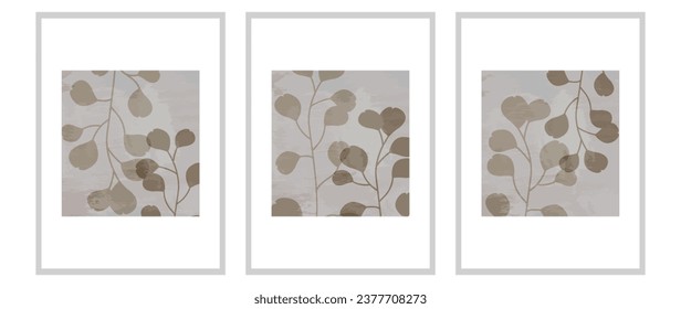 Set of modern art abstract backgrounds with botanical forms of eucalyptus and watercolor. Boho vector illustration in minimal style and neutral colors for poster, t-shirt print, cover, banner	