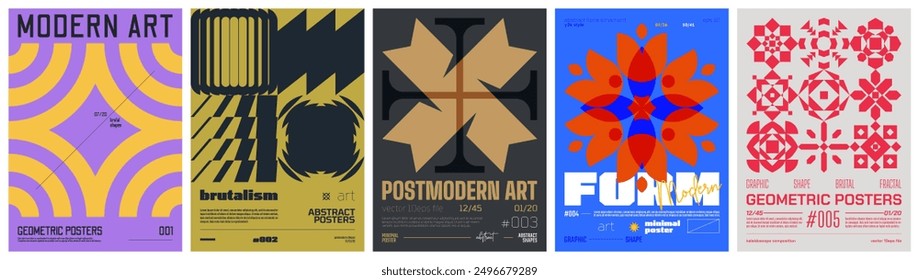 Set modern art colorful trendy poster, abstract geometric acid A4 composition graphic in Y2K aesthetics, vector simple shapes rave print artwork modernism and minimalistic brutalism style