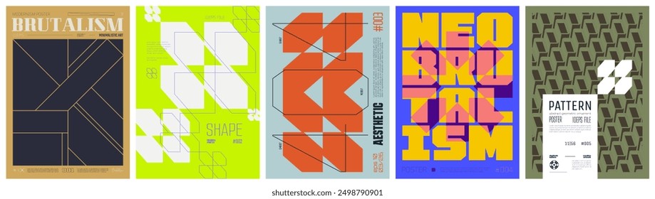 Set modern art colorful trendy poster, abstract geometric A4 composition graphic in Y2K aesthetics, vector simple shapes rave print artwork modernism and minimalistic brutalism style, mix set 2