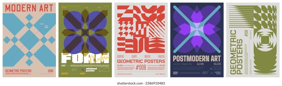 Set modern art colorful trendy poster, abstract geometric A4 composition graphic in Y2K aesthetics, vector simple shapes rave print artwork modernism and minimalistic brutalism style, mix set 5