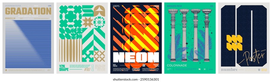 Set modern art colorful trendy poster, abstract geometric A4 composition graphic in Y2K aesthetics, vector simple shapes rave print artwork modernism and minimalistic brutalism style, mix set 7