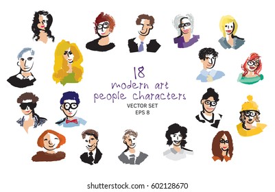 Set modern art people faces icon character. Hand drawn textures. Color vector illustration. EPS8