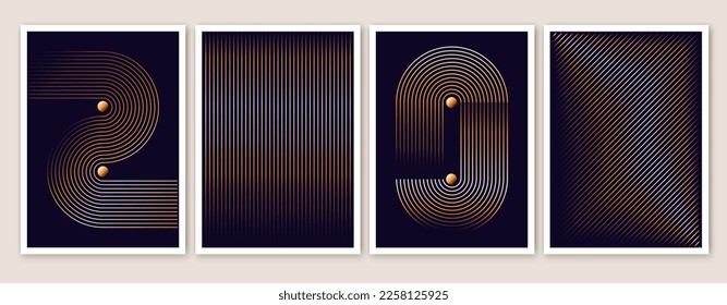 Afiches de arte moderno con antecedentes. Gradiente dorado, líneas metálicas. Futurismo retro, composición abstracta de arte mural.