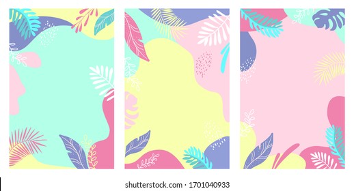 Establezca una plantilla de diseño de tarjetas artísticas modernas. Diseño de fondo abstracto con hojas tropicales. Formas coloridas de moda.Ilustración vectorial.