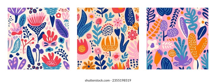 Set of modern artistic hand drawn abstract nature and floral shapes seamless vector patterns. Trendy collage elements contemporary design backgrounds.